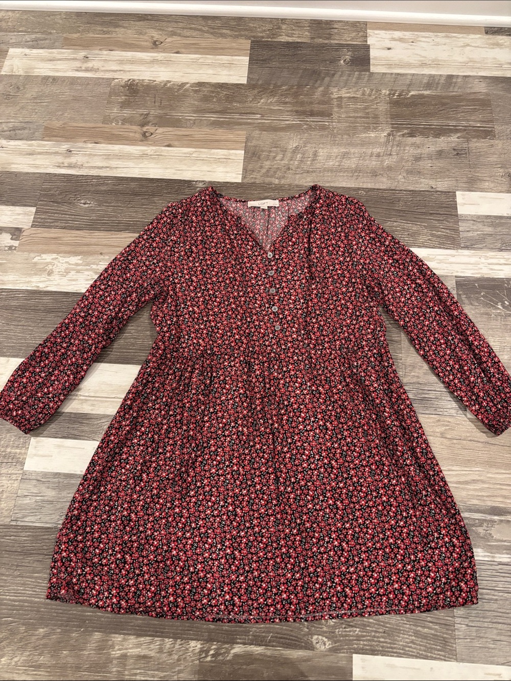 LOFT Long-Sleeve Floral Button-Front Dress in Burgundy and Black